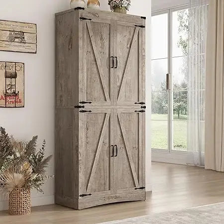 71 Inch Tall Farmhouse Pantry Cabinet with Adjustable Shelves and Steel Pipe