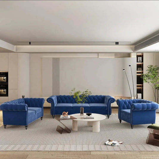 DAFIFY Velvet Chesterfield Sofa Loveseat Chair Set Premium