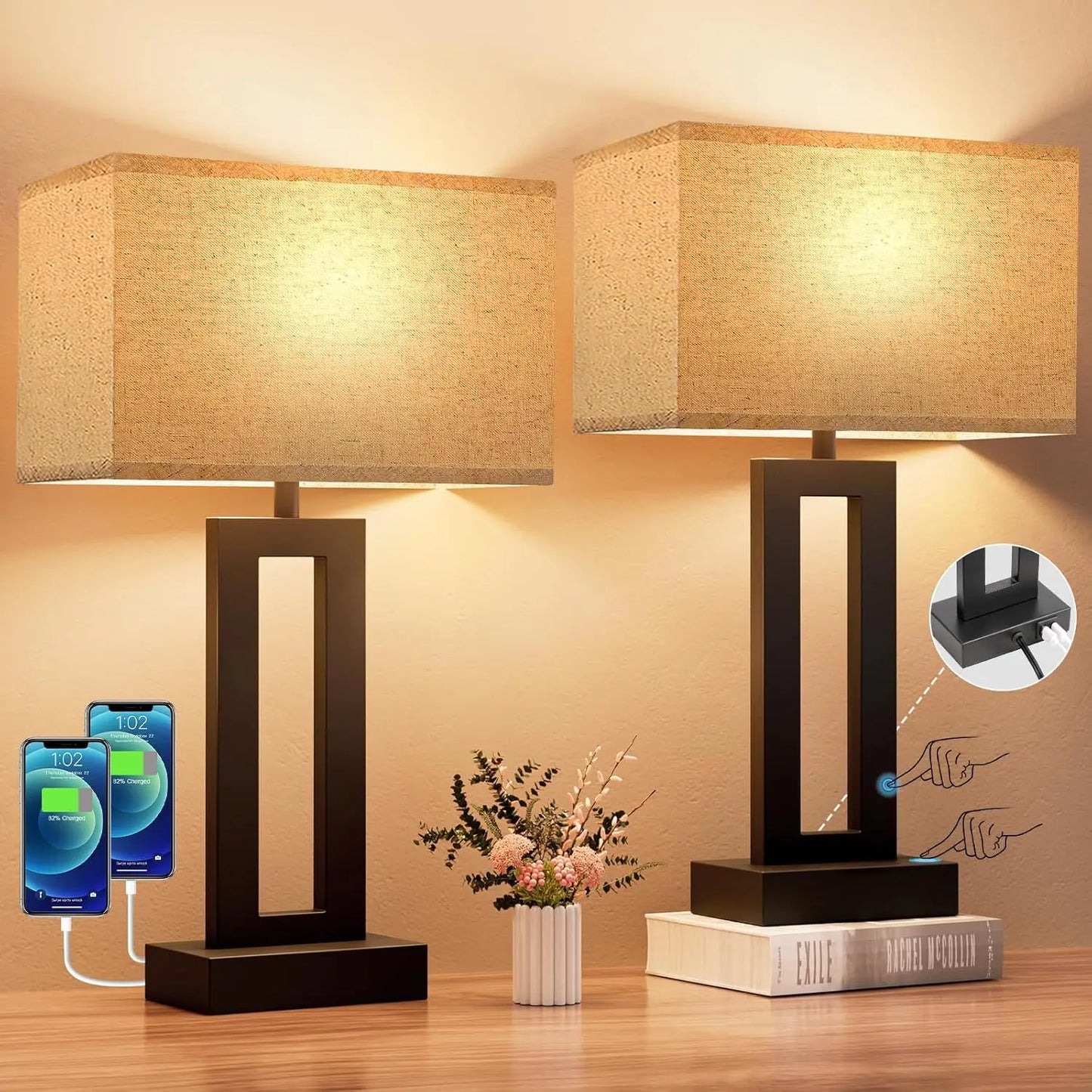Solar Touch Control 3 Way Dimmable Bedroom Night Stands With USB Charging