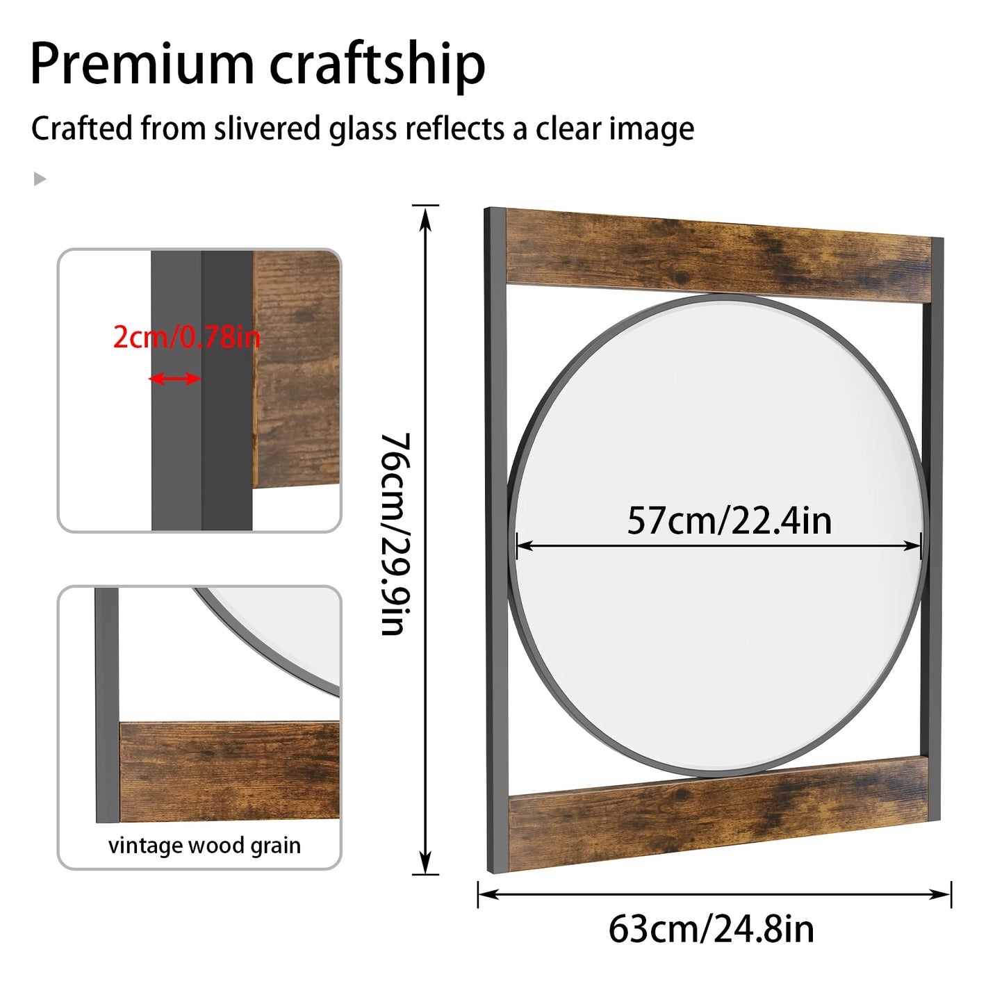 Industrial Metal Wood Frame Wall Mounted Decorative Mirror