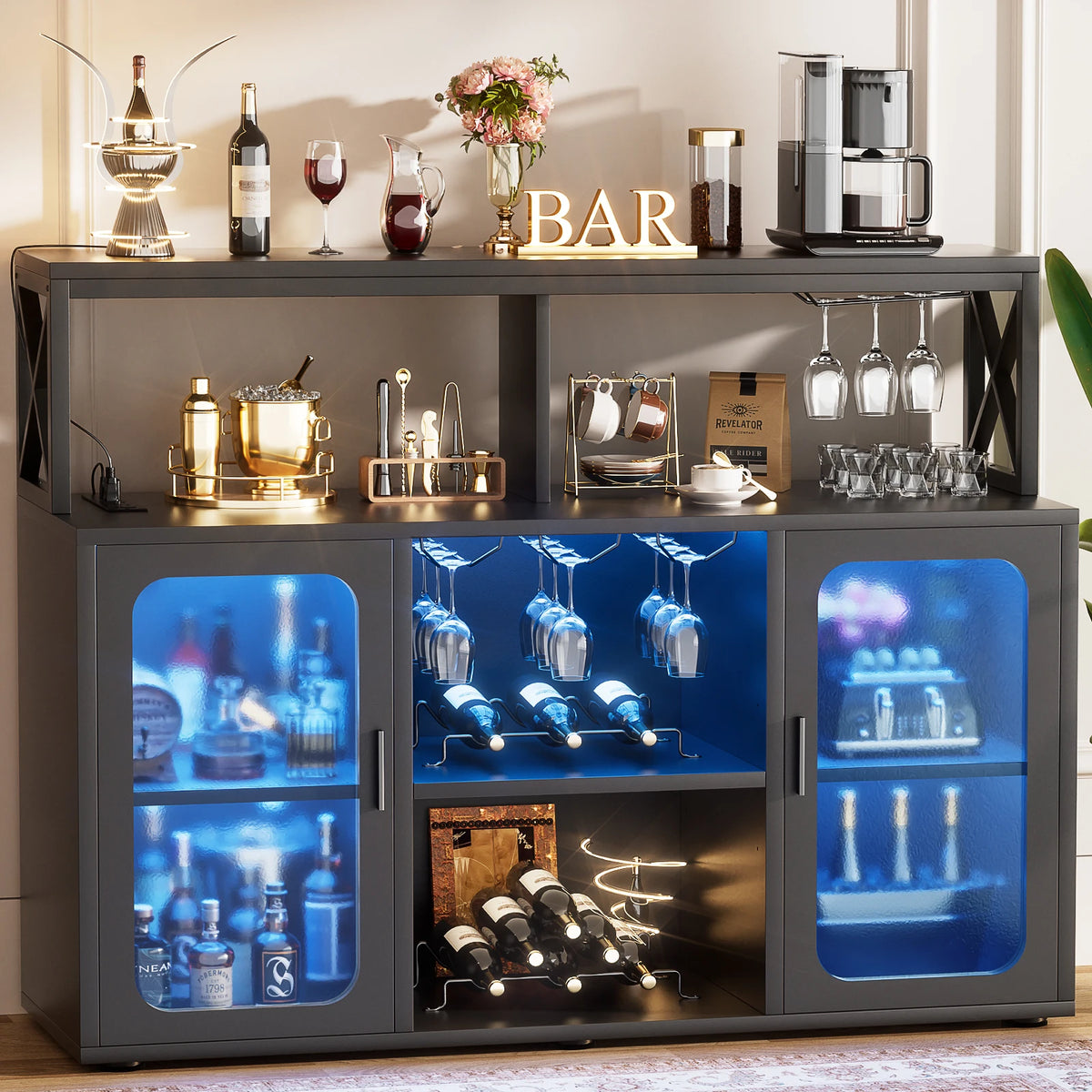 Aheaplus Bar Cabinet With LED Lights And Wine Storage