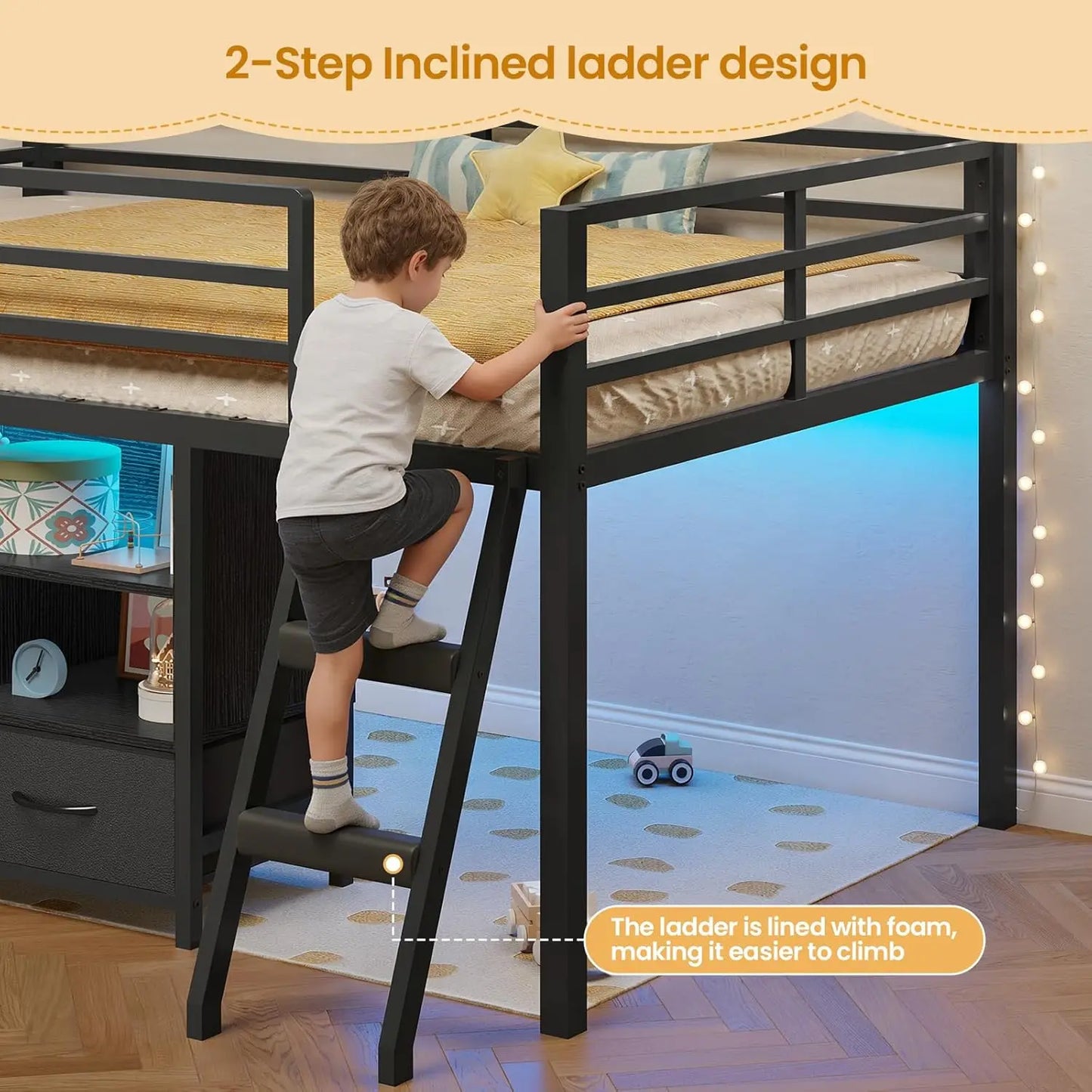 Low Loft Metal Bed 3 Drawers Bookshelf LED Guardrail