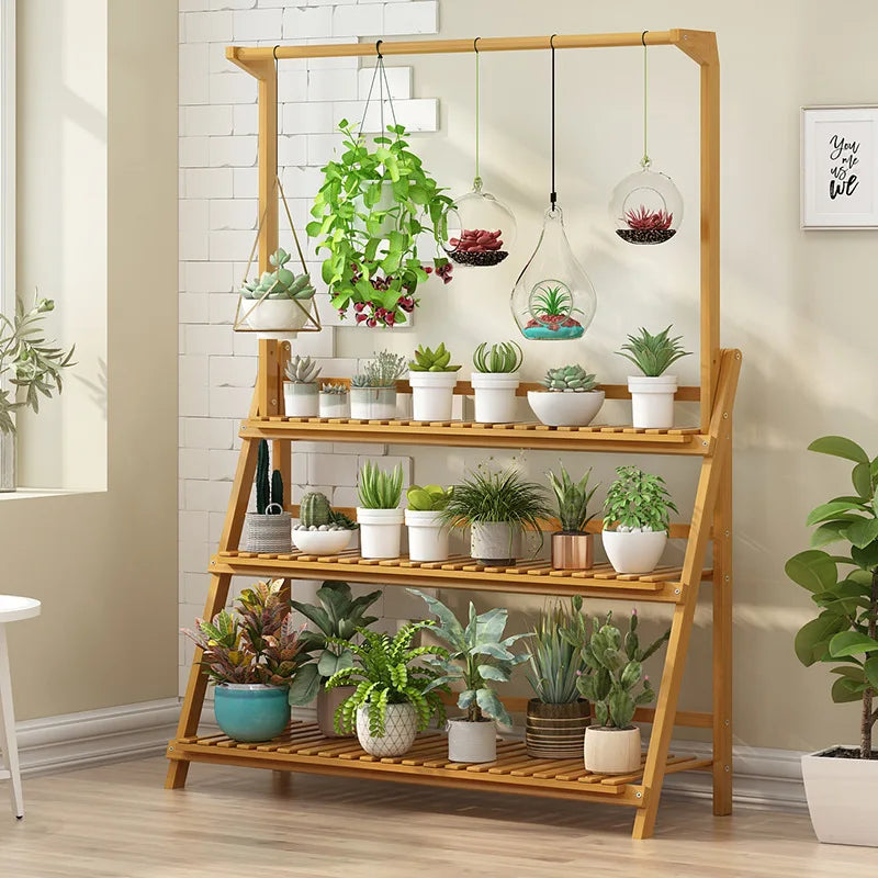 Folding Bamboo Plant Stand Three Tier Indoor Outdoor Shelf