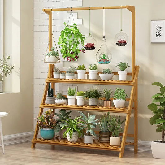 Folding Bamboo Plant Stand Three Tier Indoor Outdoor Shelf