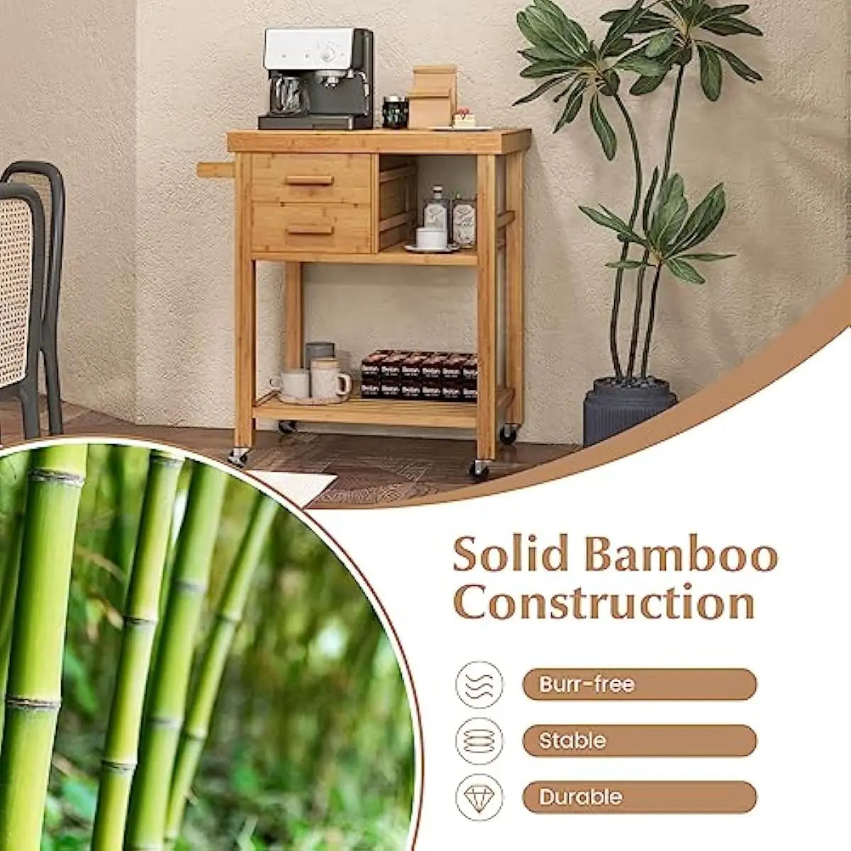 Bamboo Rolling Island Cart with Drawers and Braked Casters