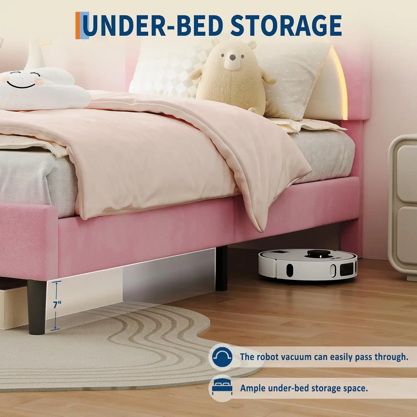 Twin LED Bed Frame With Storage And Bear Headboard