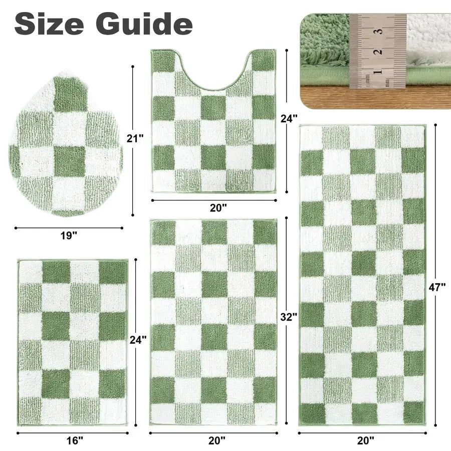 Checkered Bathroom Rug Five Piece Non Slip Microfiber Mats