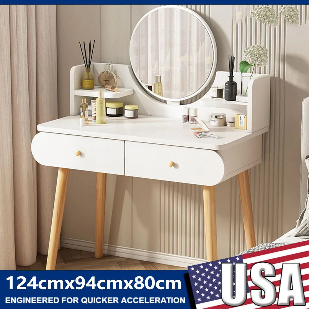 Vanity Table With Two Drawers And Makeup Mirror Bedroom