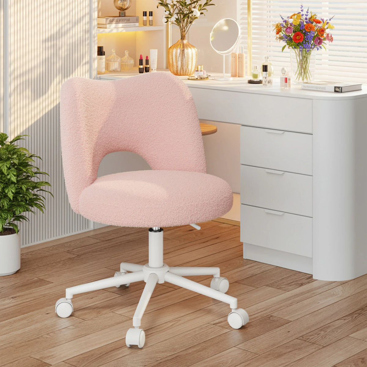 EnHomee Height Adjustable Upholstered Vanity Chair With Silent Wheels