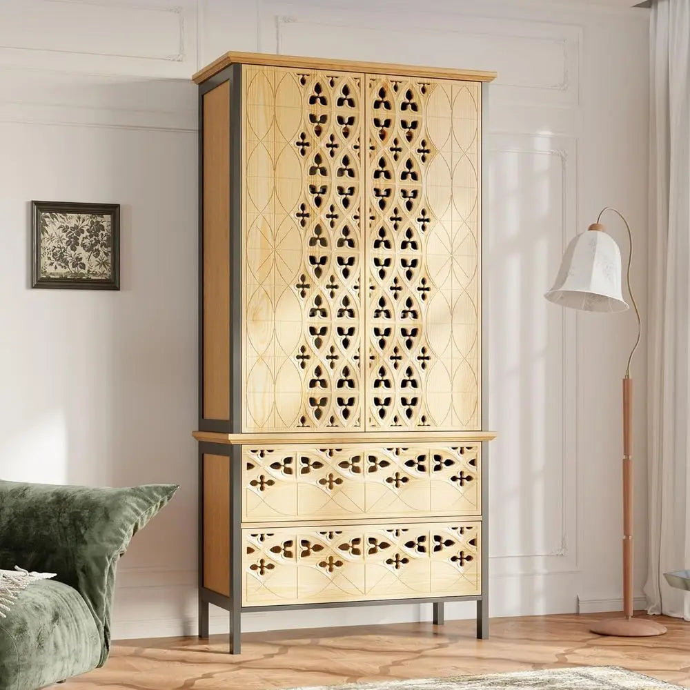 Handmade Bamboo Hollow Carved Storage Cabinet With Five Shelves