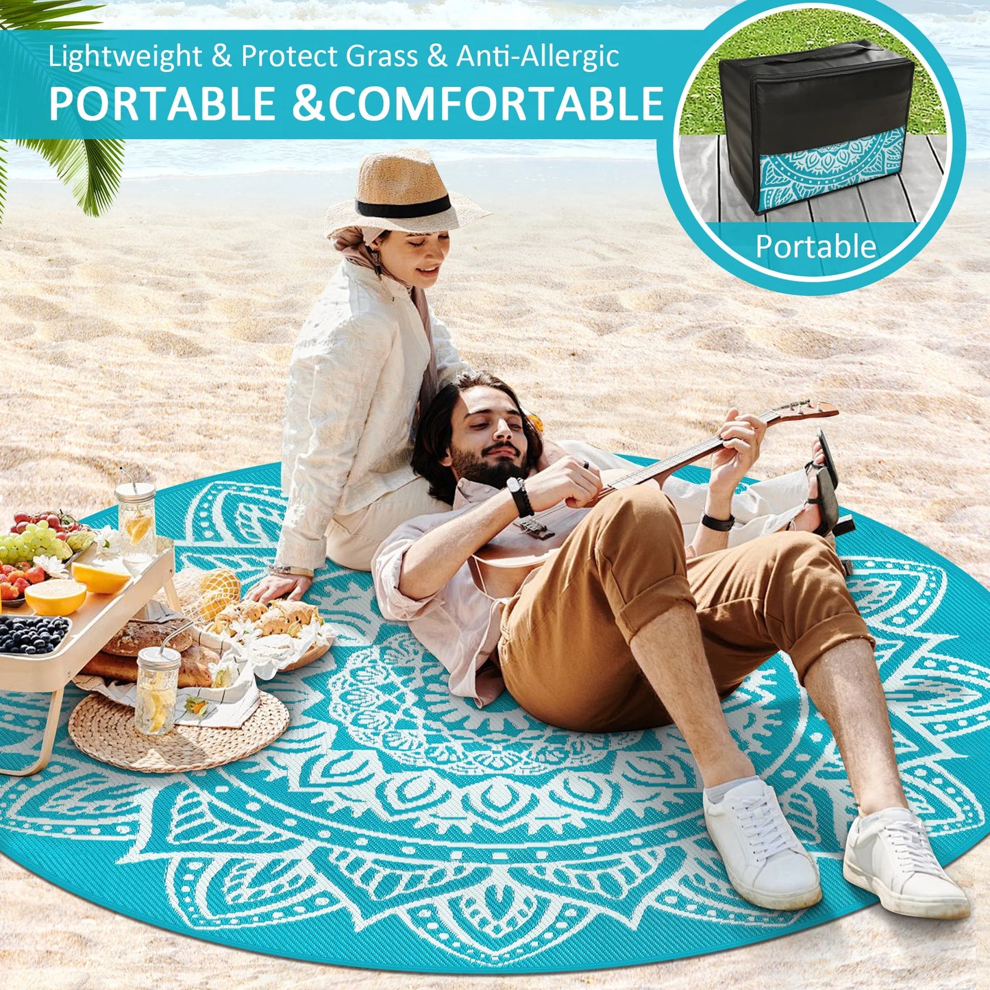 Round Outdoor Reversible Rug Waterproof Portable For Camping