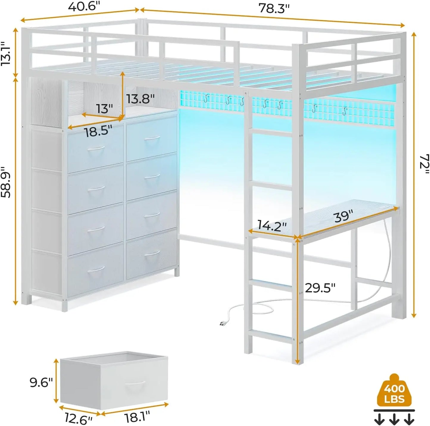 Metal Kids Loft Bed With Integrated Desk, Storage, LED