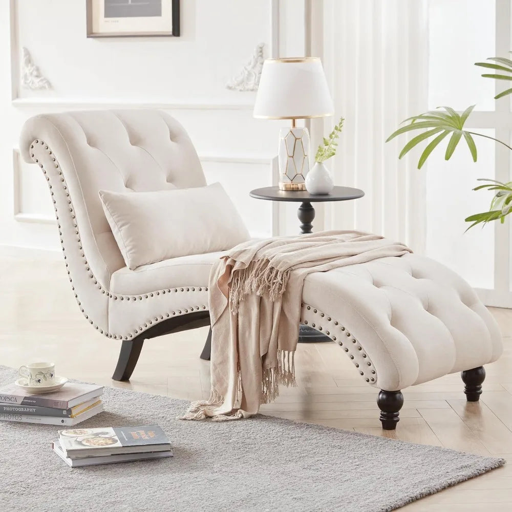 Tufted Soft Chaise Lounge Chair for Bedroom and Living Room in Beige Linen