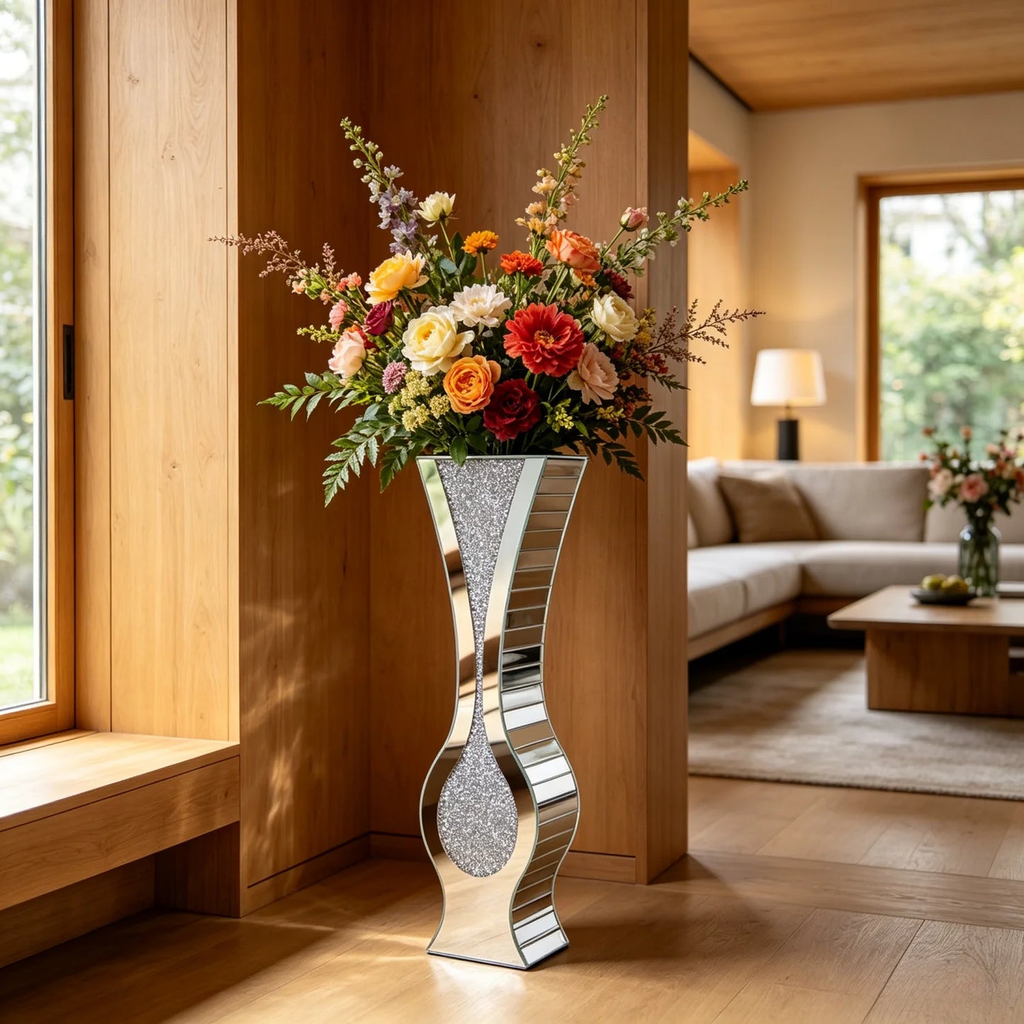 Mirrored Floor Vase Crushed Diamond Glass Decor Living Room