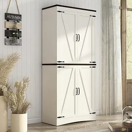 71 Inch Tall Farmhouse Pantry Cabinet with Adjustable Shelves and Steel Pipe