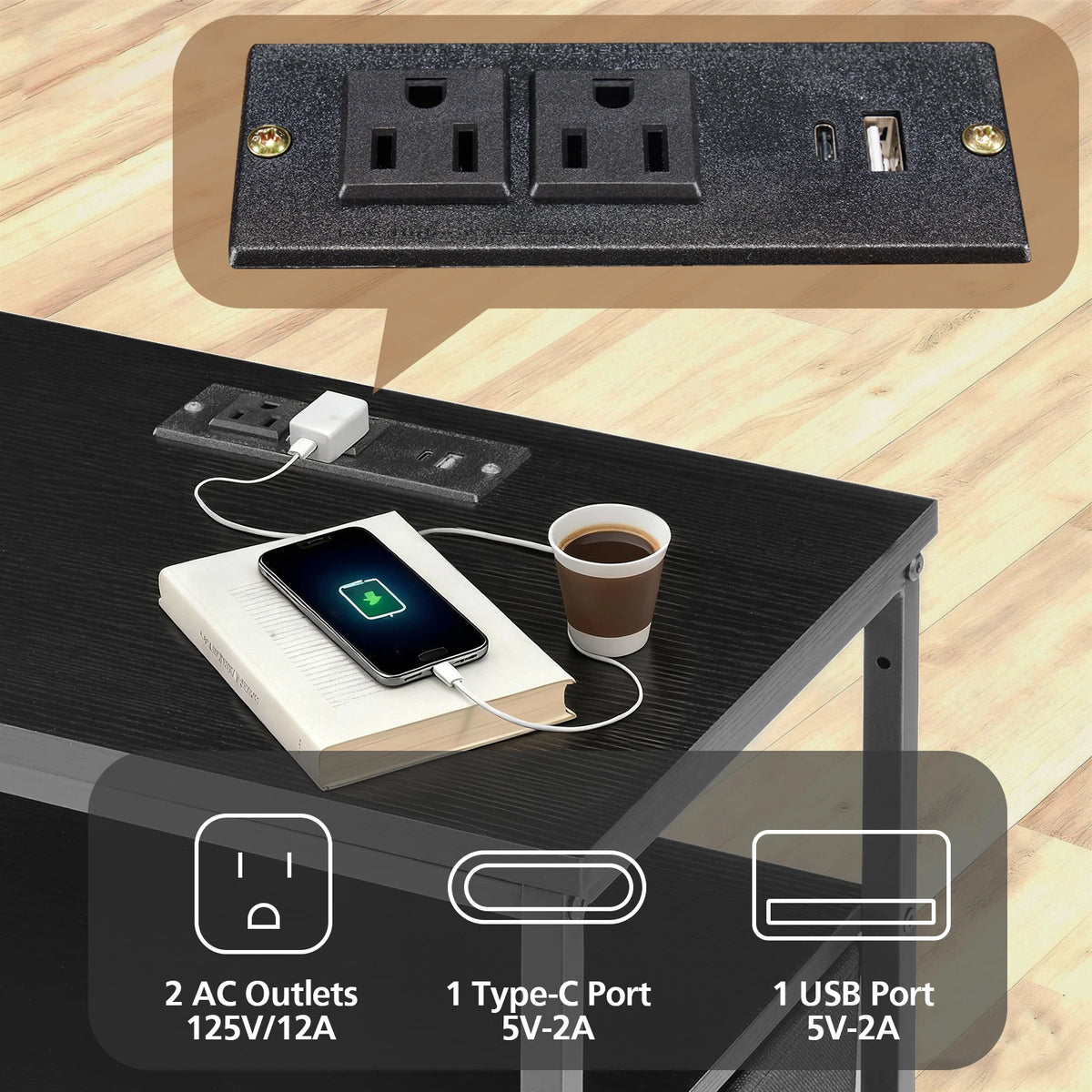 JHK Fabric Drawer Nightstand With Charging Station USB Ports