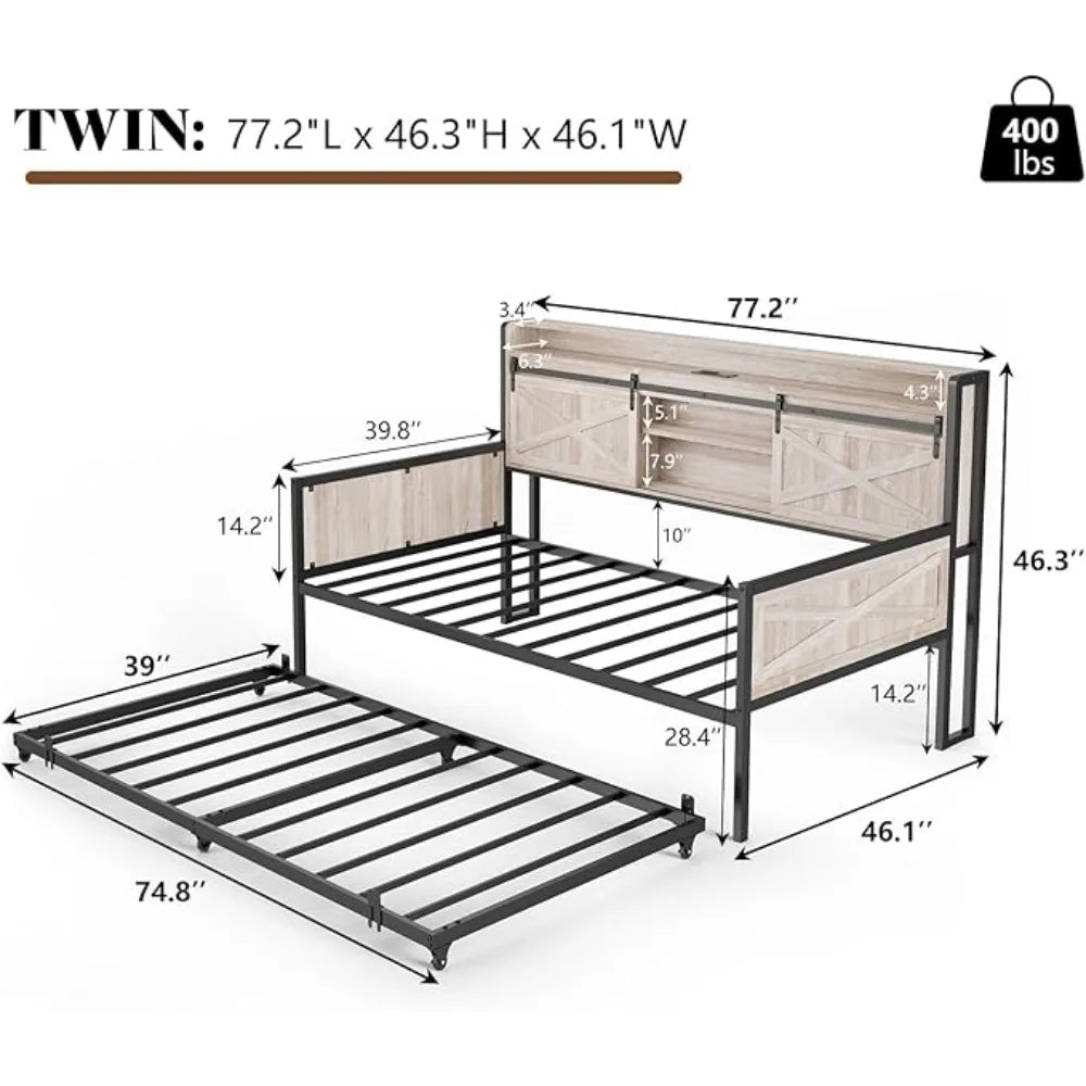 Rustic Twin Daybed with Trundle and Sliding Barn Door Headboard Featuring LED Light