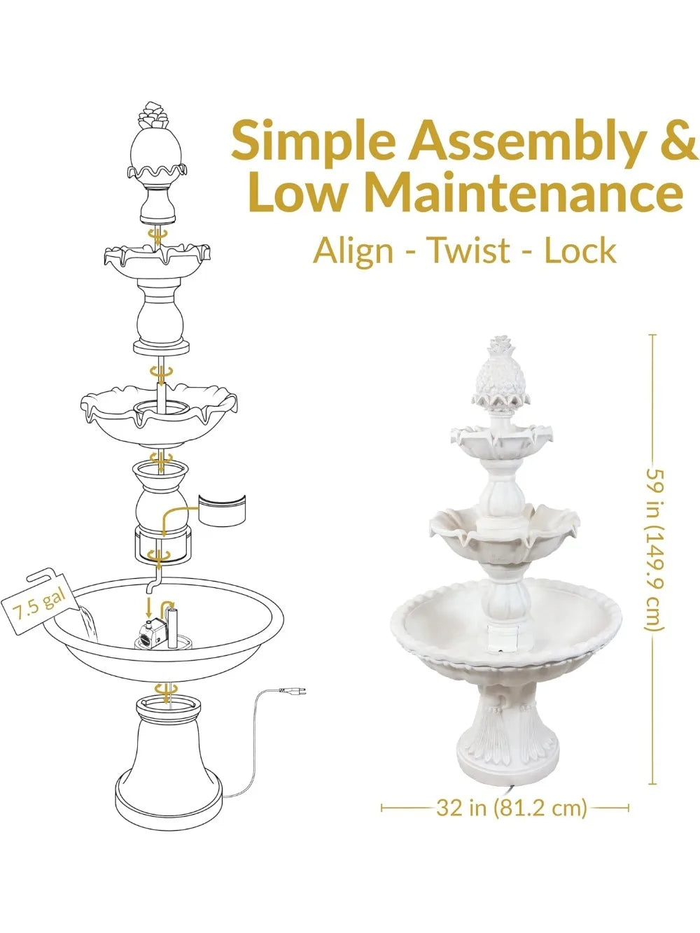 Welcome 3 Tier Water Fountain for Garden with Pineapple Topper