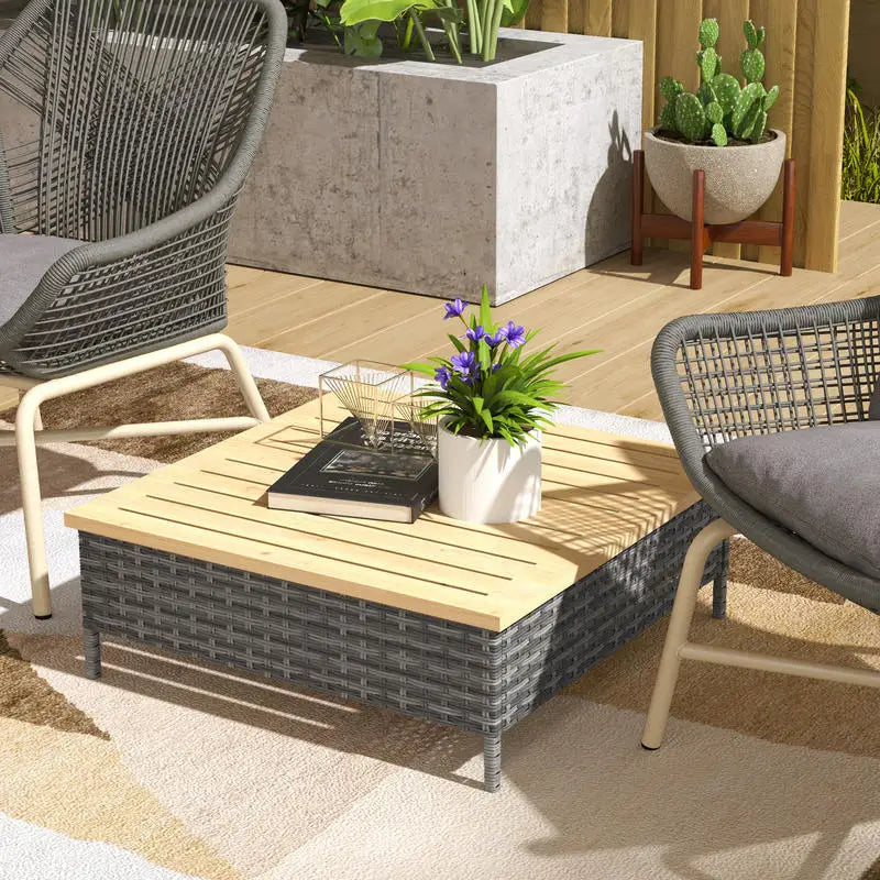 Outdoor Side Table With PE Rattan And Fir Wood