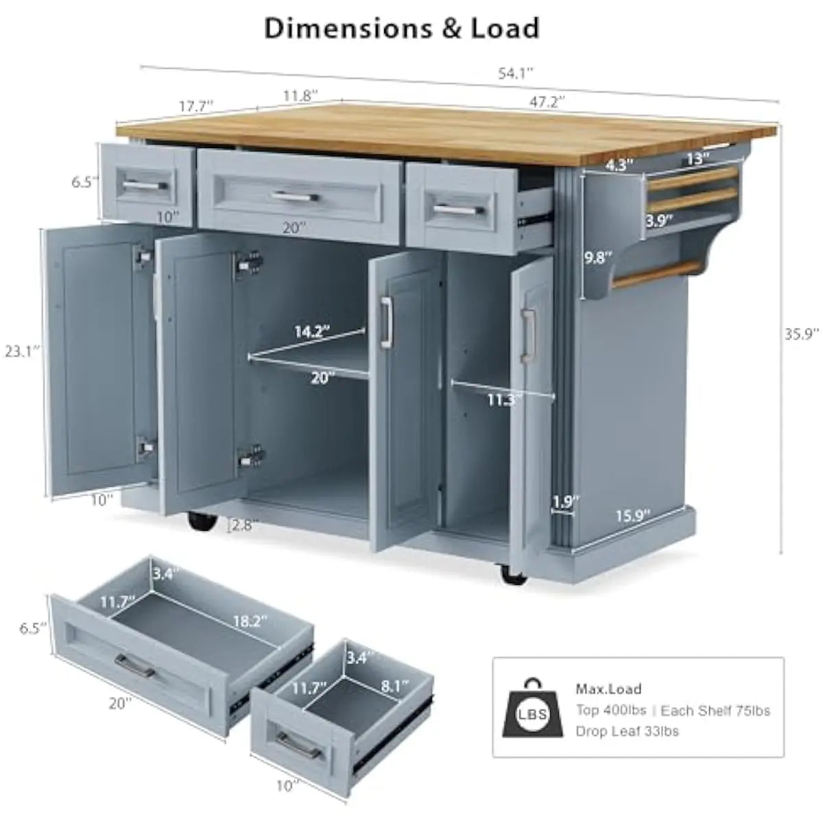 Mobile Kitchen Island With Drop Leaf Countertop, Drawer Storage