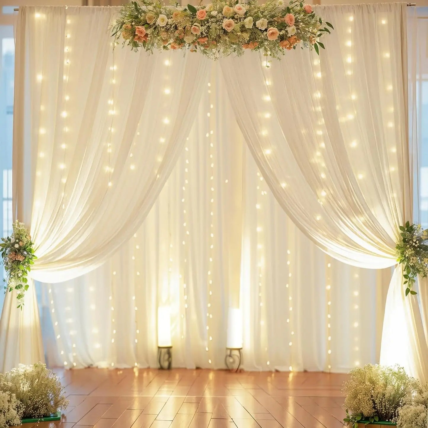 10 Panels Chiffon Backdrop Curtain With Lights For Weddings