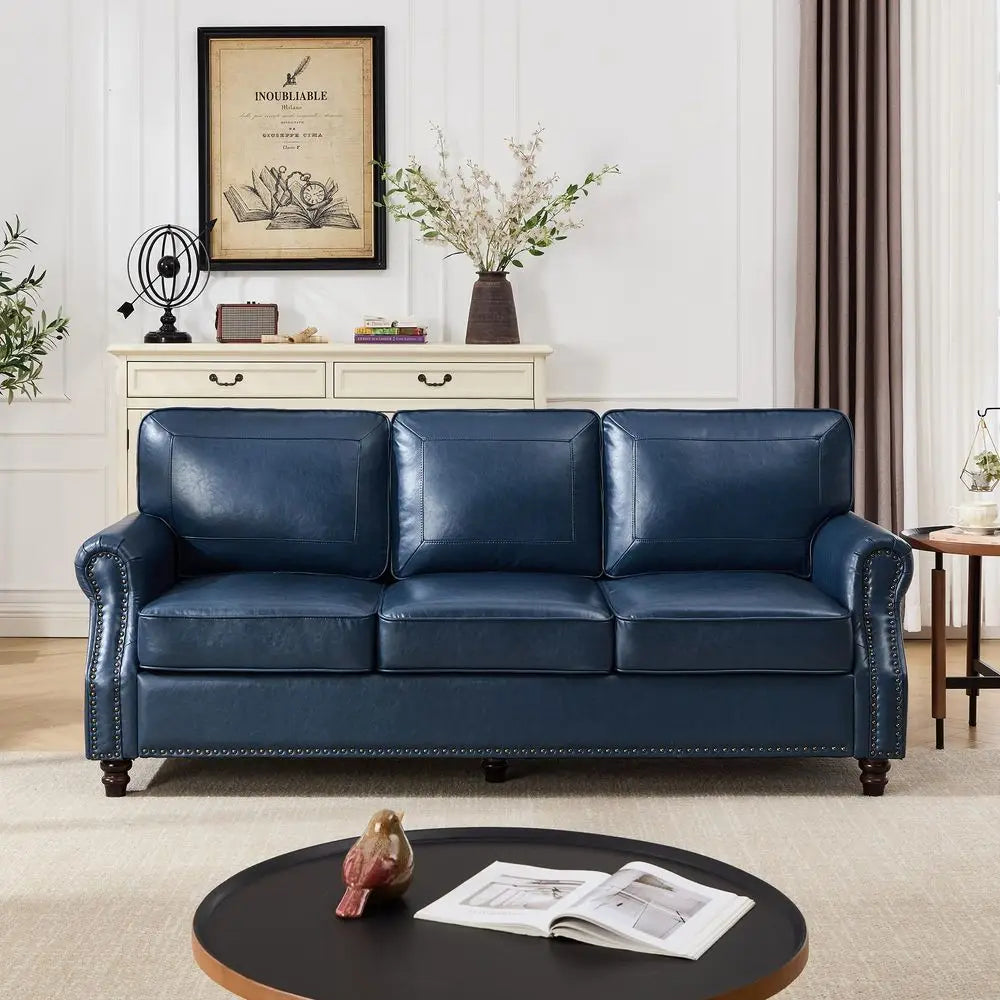 Faux Leather Sofa Mid Century Modern With Rolled Arms Deep Seats Living Room