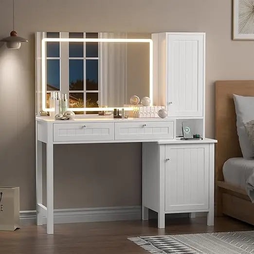 Vanity Desk With Mirror And Built In Lighting And Drawers
