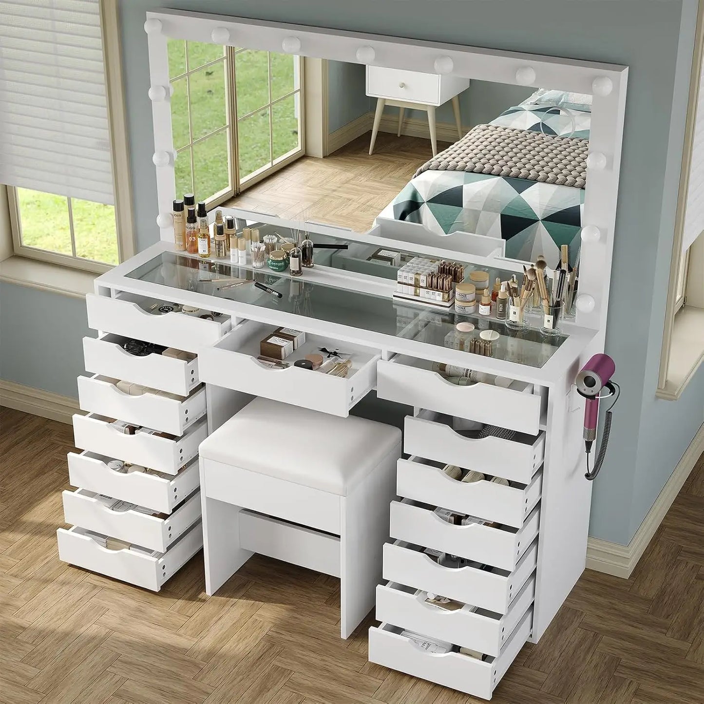 Vanity Desk with Mirror and Lights Makeup Table with Charging Station and Drawers