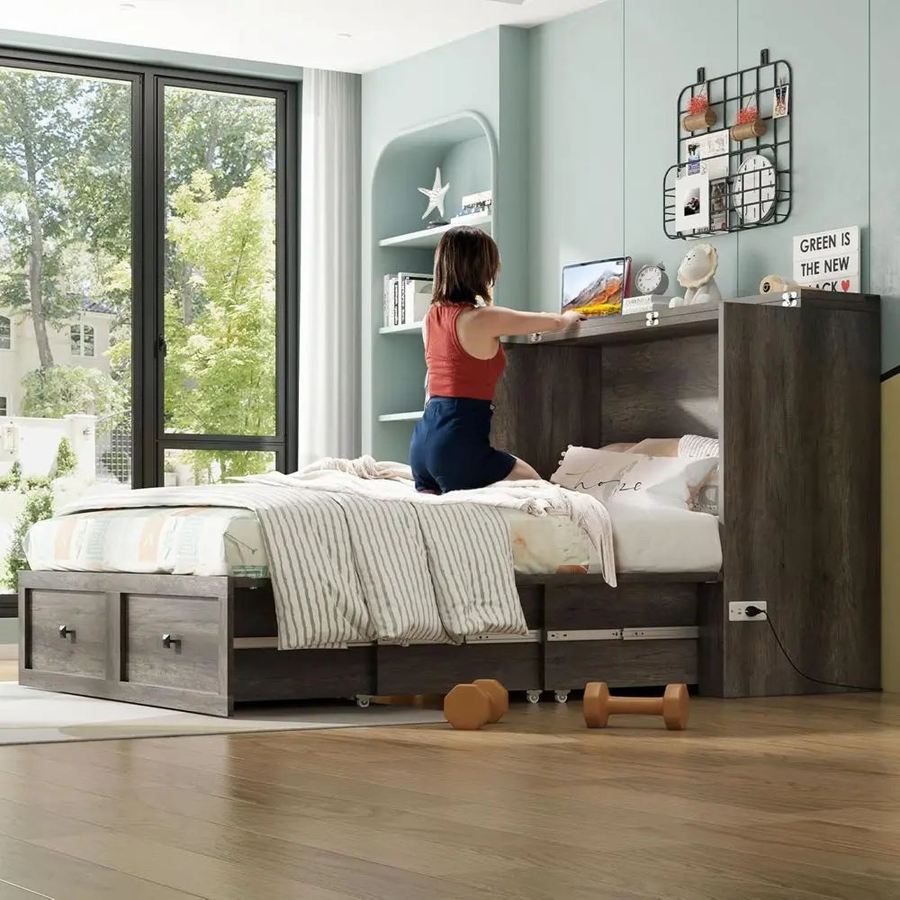 Murphy Bed With Storage And Charging Station Foldable Desk