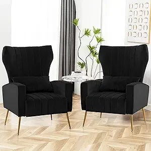 Byellow Velvet Wingback Chairs Set For Living Room