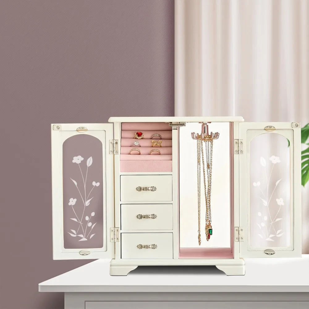 Solid Wood Jewelry Box with Rotating Necklace Rack