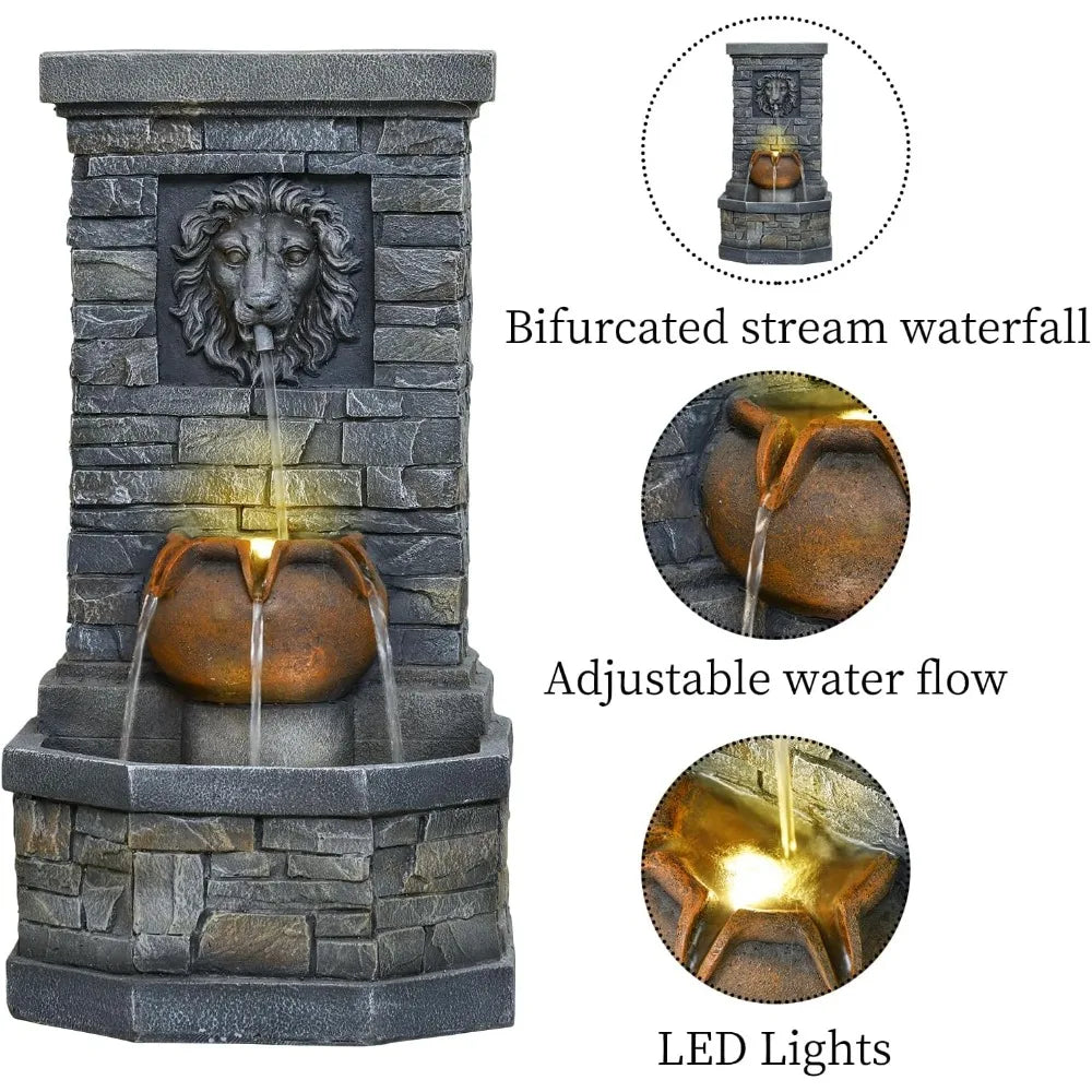 Outdoor Floor Standing Lion Head Water Fountain With Lights