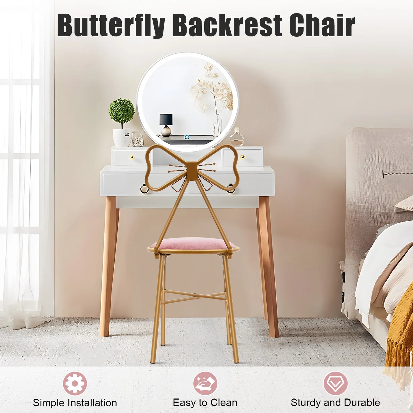 Bymaocar Butterfly Backrest Chair Vanity Stool For Living Room