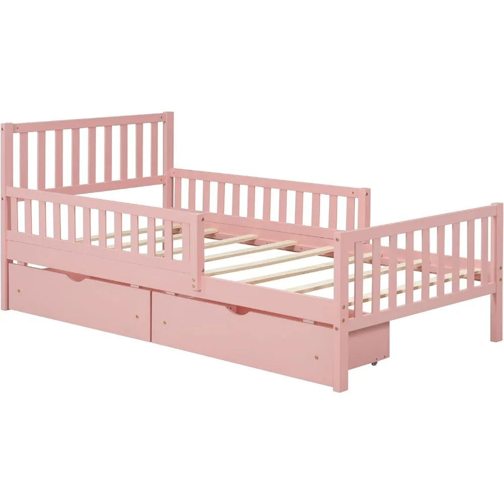 Kids Bed Frame With Guardrails And Drawers Storage Unit