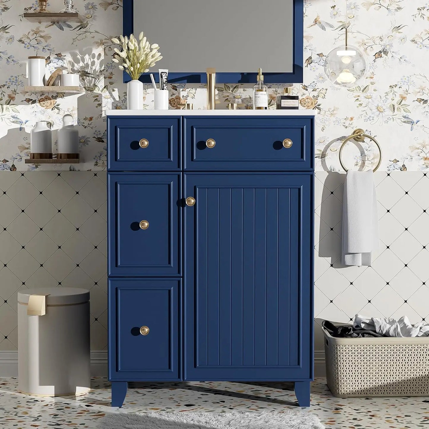 Modern Freestanding Bathroom Vanity With Sink And Gold Handles