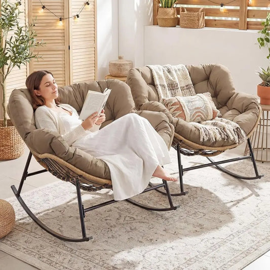 Wicker Egg Rocking Chair Set With Cushions
