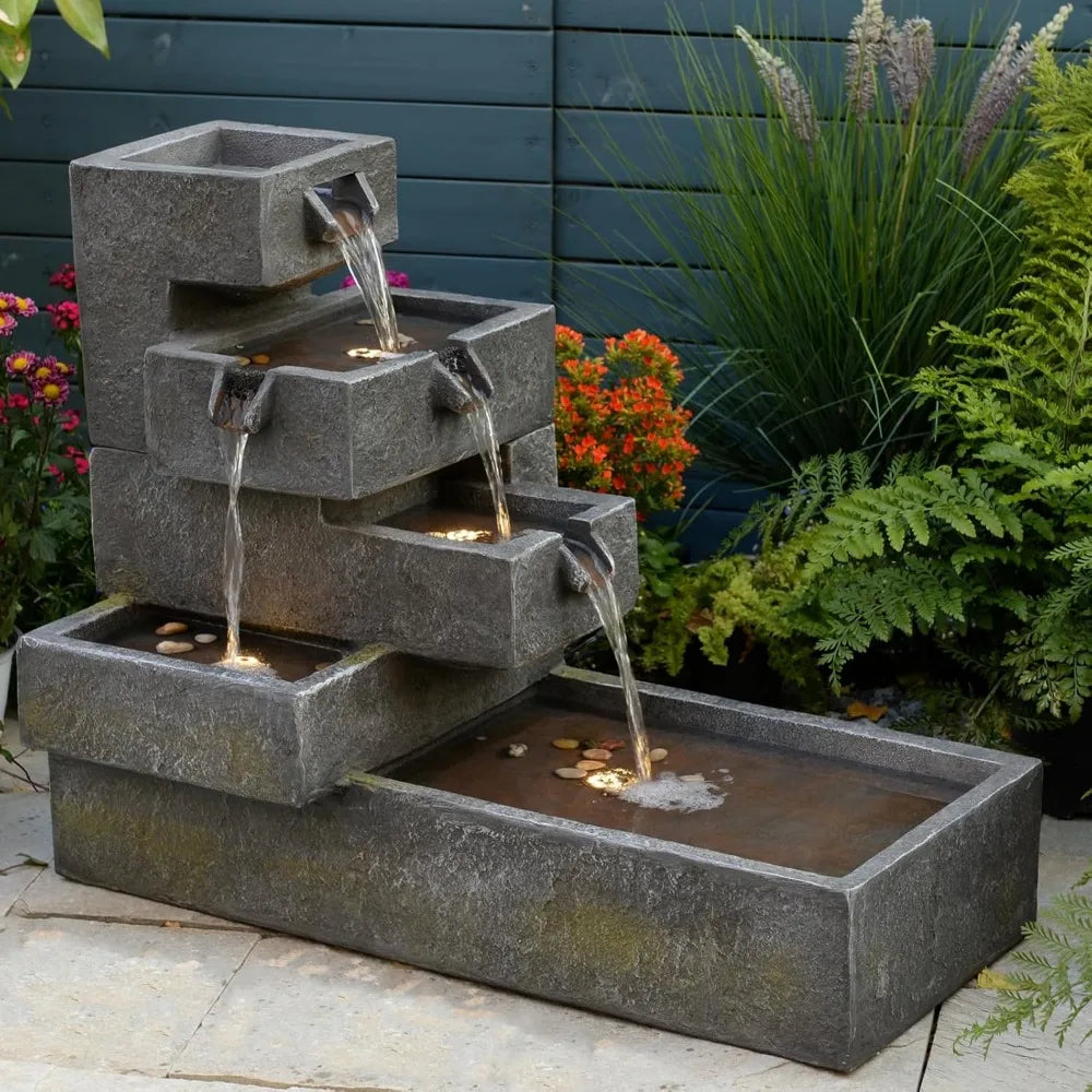 Tiered Outdoor Water Fountain Cascade With LED Lighting